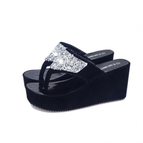 Fashion Sandals Women Fashion Rhinestone Wedge Flip-Flops - Black