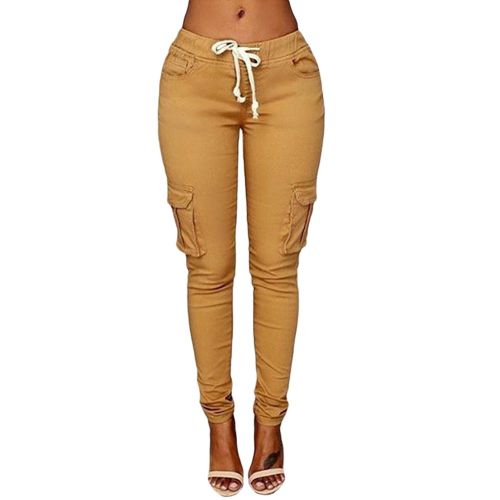 Fashion (Khaki)pants Woman High Waist Pants Solid Skinny Cargo