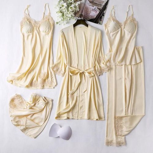 Fashion Sexy Full Slip Lace White Silk Pajamas Women 5pcs Chemise