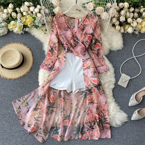 Fashion (Pink)FMFSSOM Spring Women Casual Two Piece Set Long Sleeve V Neck Women  Sets Asymmetrical Chiffon Shirt White Shorts Ladies Sets JIN