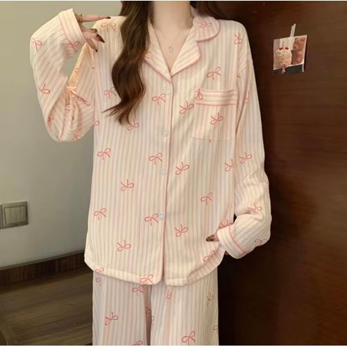 product_image_name-Nil-Ladies beautiful soft cotton fabric pyjamas -button-down top and long pants (cute bow print) -4