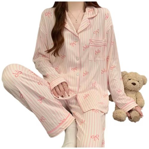product_image_name-Nil-Ladies beautiful soft cotton fabric pyjamas -button-down top and long pants (cute bow print) -6