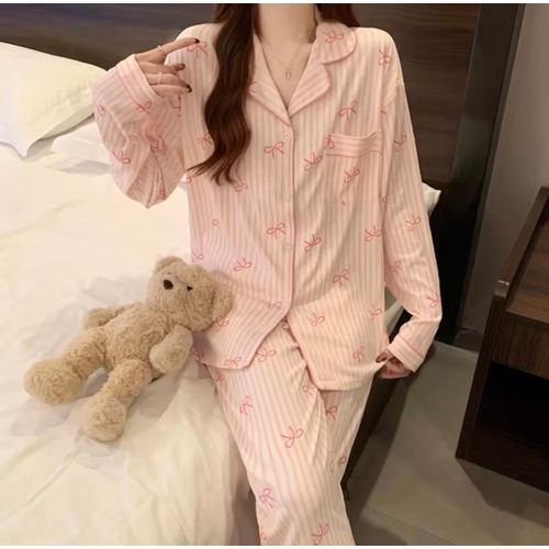 product_image_name-Nil-Ladies beautiful soft cotton fabric pyjamas -button-down top and long pants (cute bow print) -7
