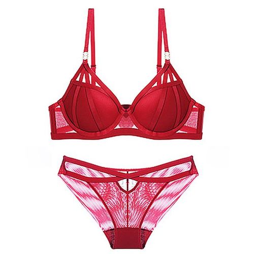Generic 2021 New Bandage Women Underwear Set 3/4 Cup Thick Padded Deep V  Push Up Bra And Panty Sets Red Female Sexy Lingerie B C D Cup