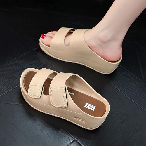 Fashion Waterproof Double-Strap Platform Slides-Khaki
