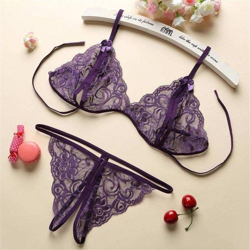 Fashion Sexy Women Sheer Lace Bra Panties Thong Lingerie Set Nightwear  Purple