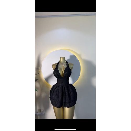 product_image_name-High Fashion-Elegant Ruched Halter-Neck Bubble Mini Dress for Women – Textured Crepe Party & Evening Wear-3