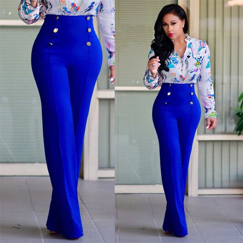 Fashion Women Pants Solid Color High Waist Button Slim