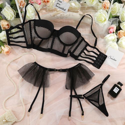 LACE AND MESH 3-PIECE SET in Black