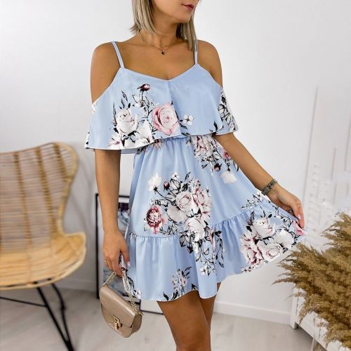 Wave Print Shoulder Dress Casual Ruched Short Sleeve Shirred - Temu