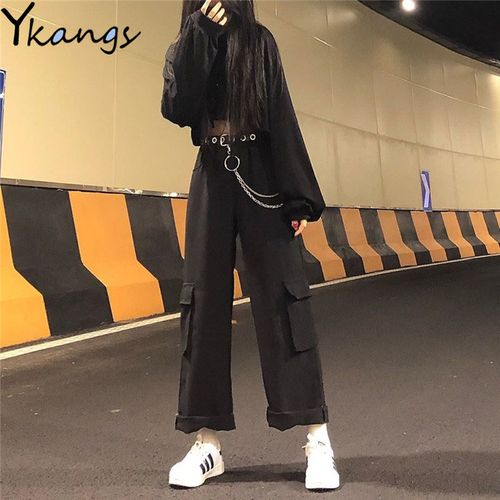 Gothic Harajuku Black Cargo Pants Women Chain Wide Leg Streetwear