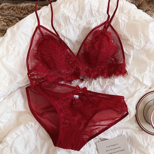 New Sexy Lingerie Sets Eyelash Bud Silk Satin Bralette Thin Belt Wirefree  Ultra-Thin Bralette Crystal Cup Triangle Cup Bra Set