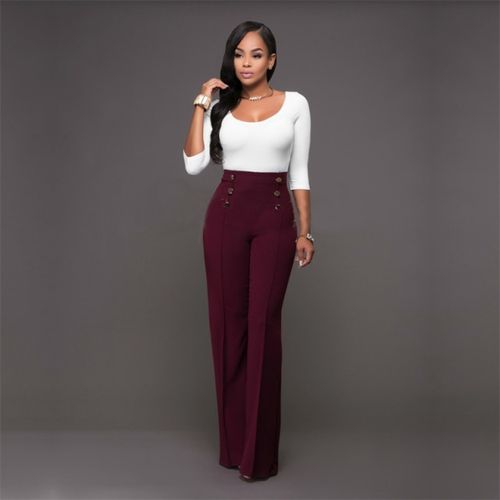 Fashion Solid Color Women High Waist Wide Leg Pants Office Formal