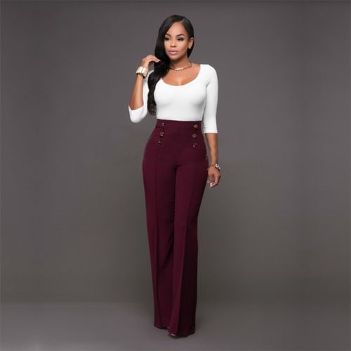 Fashion Solid Color Women High Waist Wide Leg Pants Slim Office