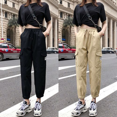 Fashion (Black)Women's Casual Cargo Pants Solid Color High Elastic Waist  Long Pants With Pockets Autumn Ladies Loose Pencil Trousers Streetwear DOU