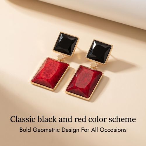 Fashion Black and red double-layer square geometric drop glazed earrings - image 2