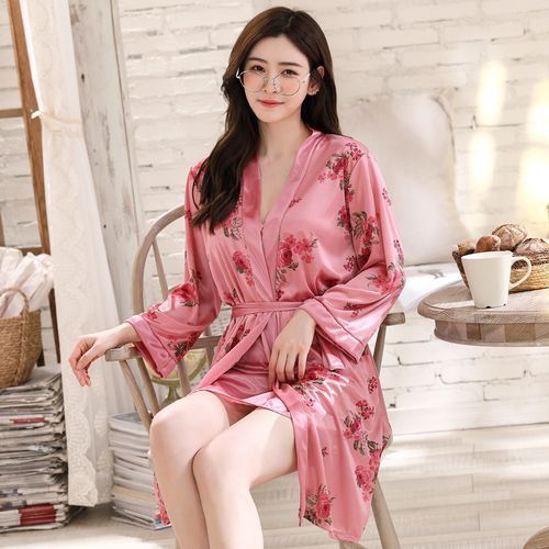 Fashion Sleeping Wear Sets Women Robe Ice Silk Nightdress Pajama Set Plus  Size