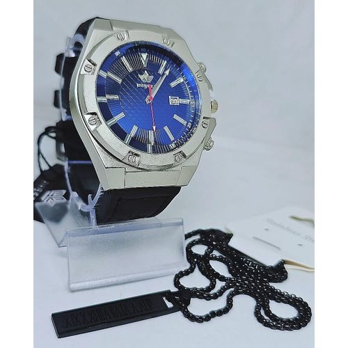 product_image_name-Fashion-Men Black Leather Wristwatch + Black Steel Necklace -2