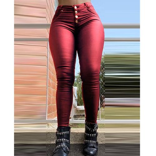 Fashion （HS）Faux Leather Pants Women High Waist Skinny Trousers Buttons  Design Spring Summer Slim Fit PU Bodycon Pant Club Leggings 2021 WJu