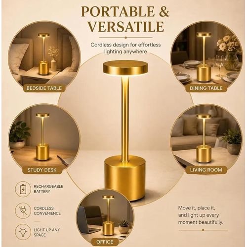 Generic Gold Cylindrical Cordless Rechargeable LED Table Lamp with USB Charging - image 3