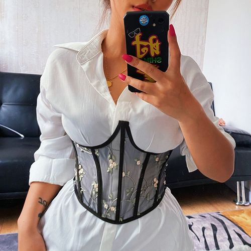 Fashion Style Women Corset Girdle Mesh Embroidery Fish Bone