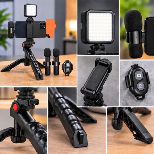 Generic Professional 5-in-1 Smartphone Vlogging Kit with LED Video Light, Dual Microphones, Tripod Stand & Bluetooth Remote Content Creator Kit - image 3