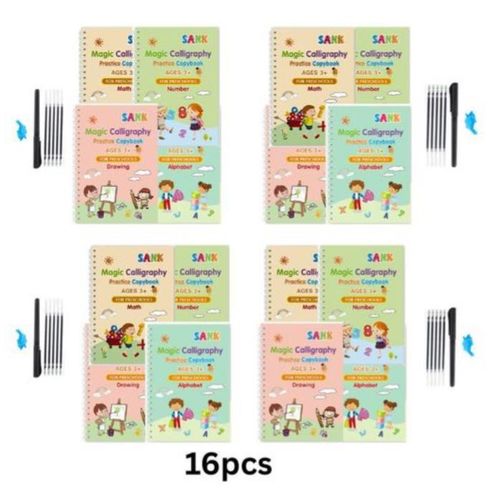 Generic 16pcs(4 Sets) 4-in-1 Calligraphy Practice Copybook – Reusable Learning Book for Kids