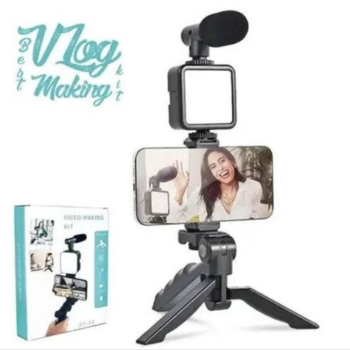 Generic Professional Video Making Vlogging Kits Tripod Holder with Microphone + LED Light + Remote control + Phone Holder-Black