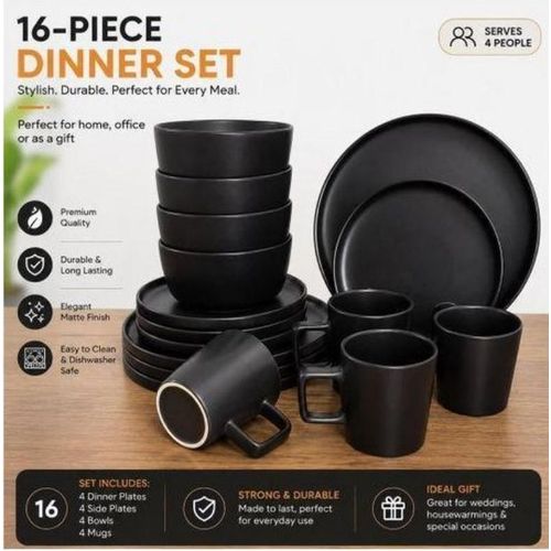 Generic 16PCS HIGH QUALITY SUPER SOLID LUXURY CERAMIC STONEWARE DINNERWARE SET (BLACK)