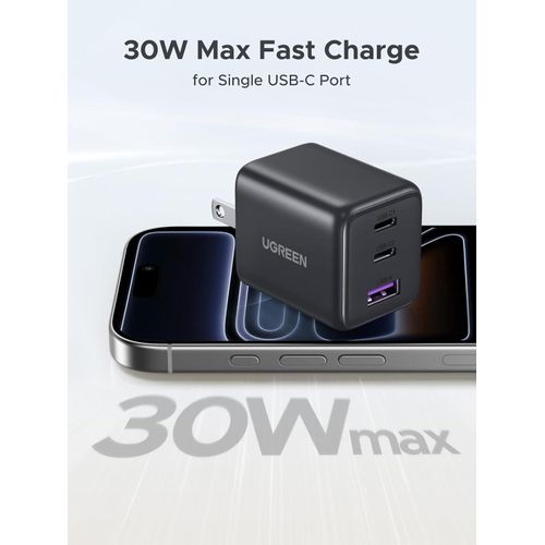 Ugreen 3-Port 30W USB C Charger Block, GaN II Type C Fast Charging, Black - image 4