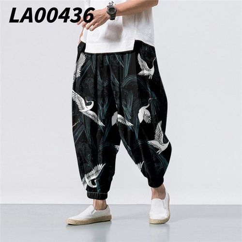 COOFANDY Men's Cotton Linen Pants Causal Drawstring Elastic Waist Harem  Pants Lightweight Bloomer Trousers Loose Yoga Pants Black Large