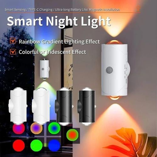 Generic Smart Motion Sensor RGB LED Night Light - Magnetic Rechargeable Wall Lamp with Rainbow Gradient Effect
