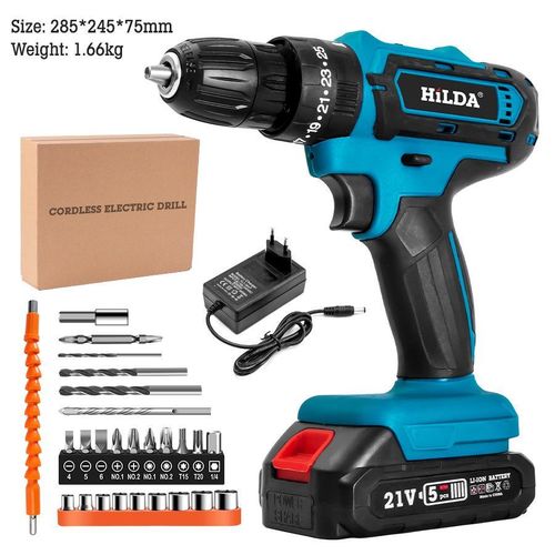 HiLDA 21V Portable Cordless Drill - Multi-Function Electric Hand Drill Kit-EU Plug