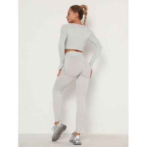 Yoga Set Seamless Women Long Sleeve Blouses Top Gym Sport Bra High Waist  Tight Leggings Fitness Suit Shorts Sets (Color : Gray Long Sleeve, Size 