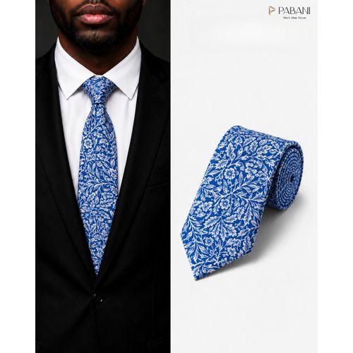 PABANI Premium Blue Floral Print Mens Silk Tie For Weddings