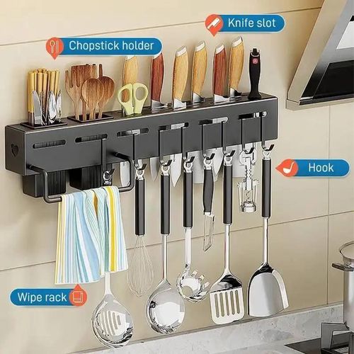 Generic Wall Mounted Kitchen Utensil Rack with Hooks – No Drilling Installation Storage Organizer