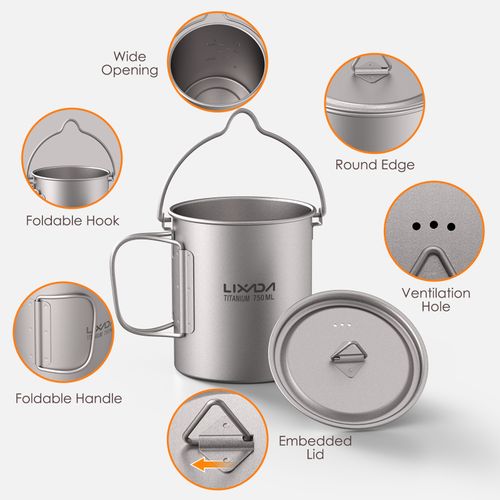 Lixada 750ml Titanium Pot Ultralight Titanium Water Mug Cup For