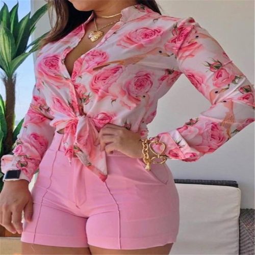 Fashion (Pink Sets)Summer Clothes For Women Shorts Sets Long Sleeve Shirt  Cropped Sets Pink Print Shorts Set Wholesale Items Female Two Piece Set JIN