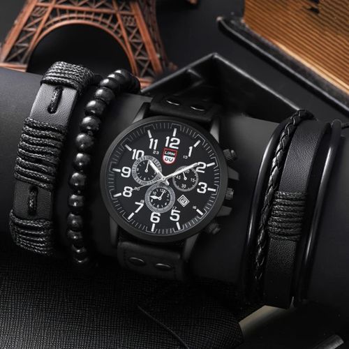 product_image_name-Liandu-4pcs/set Men's New Genuine Leather Watch Set Stylish Business Quartz Watch + Versatile Beaded Bracelet-1