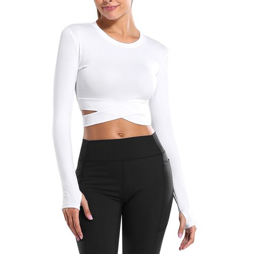 Generic Tight Yoga Shirts Women Short Sleeve Cropped Long White_S