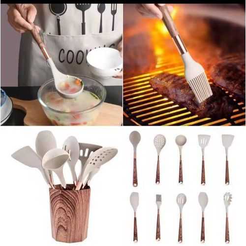 product_image_name-Generic-10pcs Quality Wood Grain Handle Silicone Kitchen Utensils Set-1