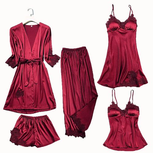 Fashion Satin Lace Pajamas Set Women 5pc Strap Pants Sleepwear Sleep Robe  Suit