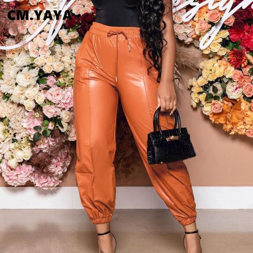 Fashion Cm.yaya Women Streetwear Faux Leather High Waist Trousers