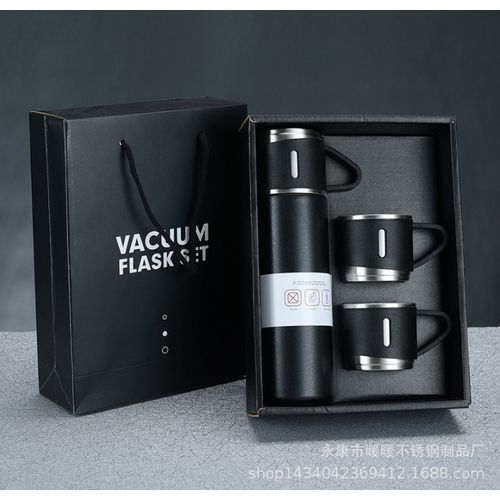 1 Set Silver Vacuum Water Bottle With 3 Cups Gift Box, Vacuum