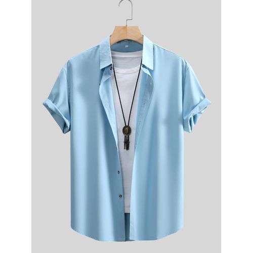 Fashion Plain Summer Short Sleeve Shirt - Sky blue
