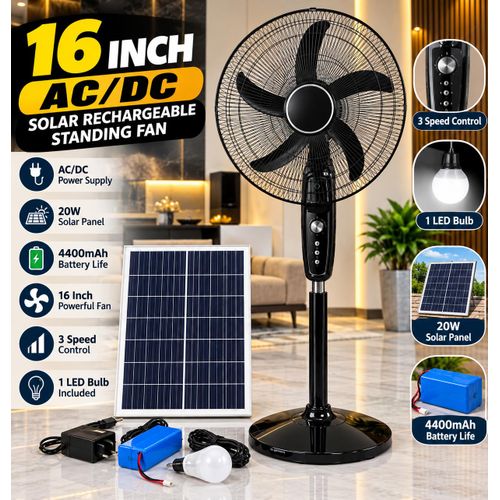 Generic 16-Inch Premium Solar Rechargeable Standing Fan with 20W Panel & Battery