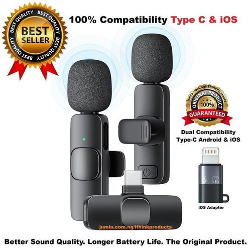 Generic K9 Dual Wireless Lavalier Lapel Microphone Type-C & iOS Adapter Dual Condenser Tie Mic for Android iPhone