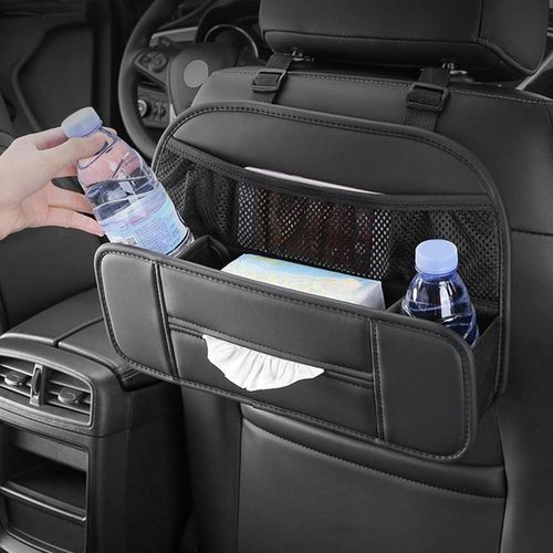 Car Seat Back Organizer Bag PU Leather Auto Storage Nets Mutil-pockets For  Phone,Tissue,Water Bottle With 2 Hangers Bracket