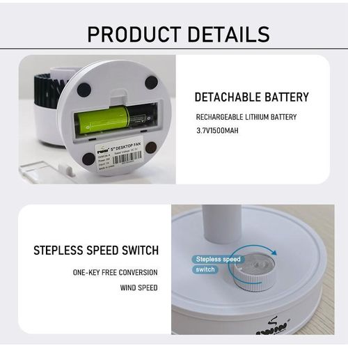 IWIN ENERGY Upgraded Rechargeable Table Fan With Removable Battery - image 4