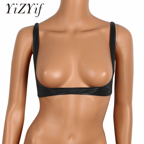 Fashion Y Women's Exposed Breasts S Bra Fashion Faux Leather Adjustable  Wire-free Open Cup Shelf Bra